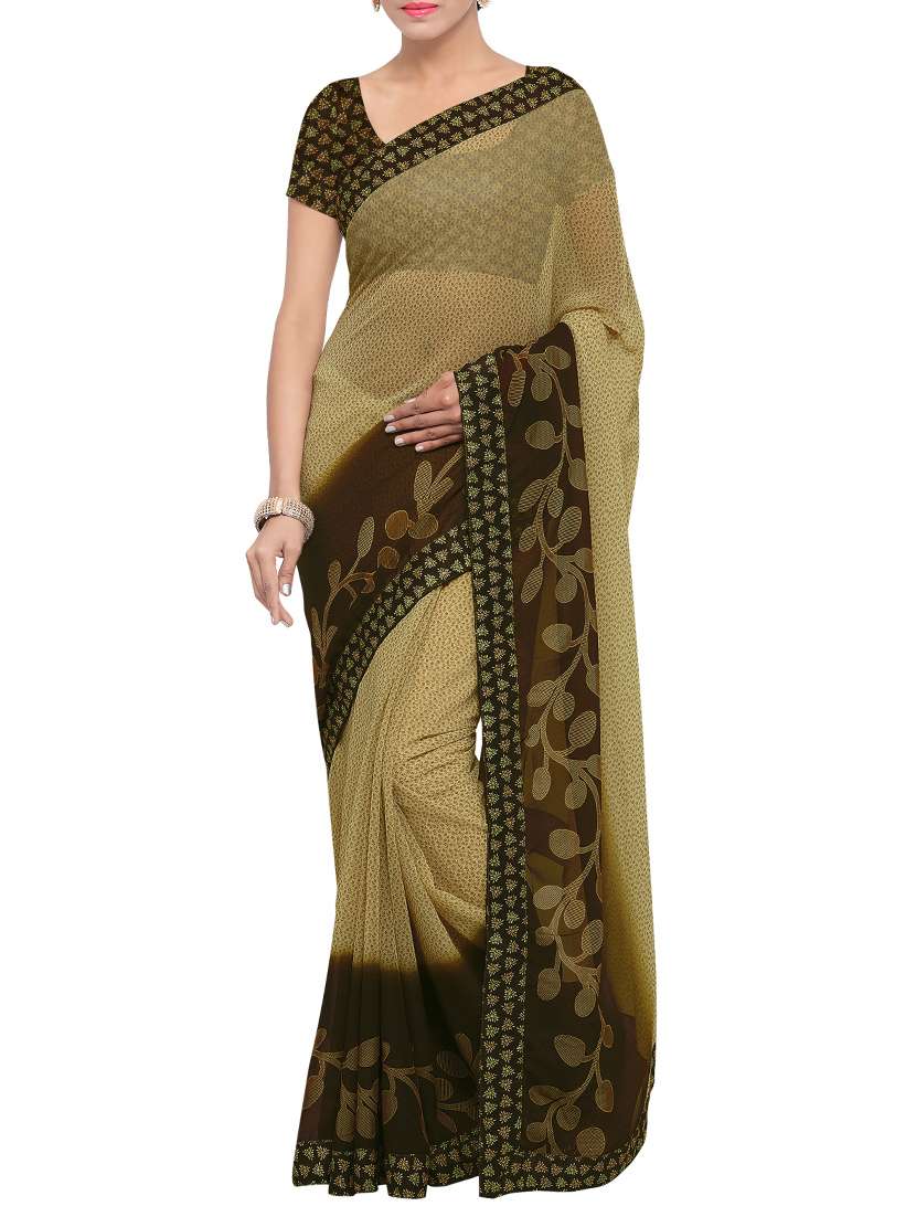 beige faux georgette printed saree with blouse