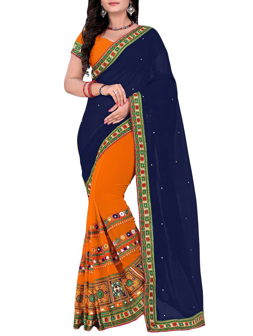 women's solid with work navy blue colored saree with blouse