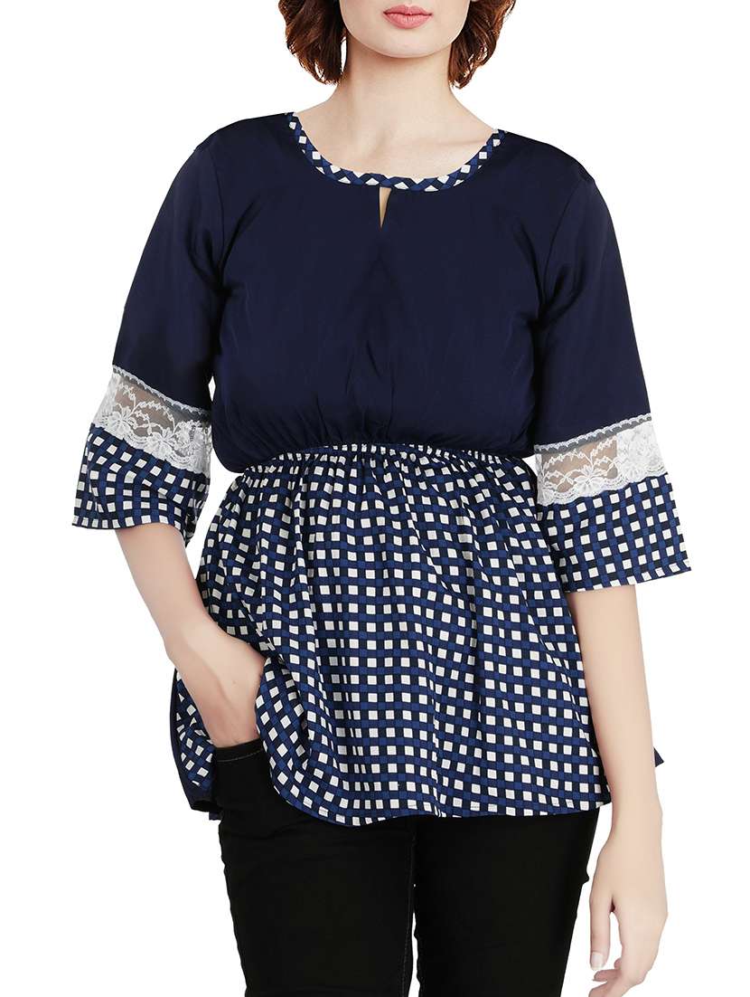 navy blue checkered crepe peplum top