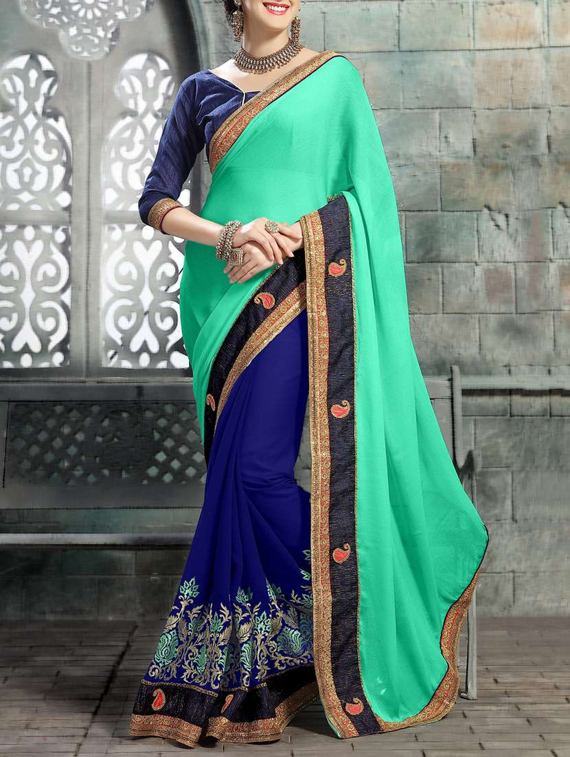 turquoise chiffon half and half saree with blouse