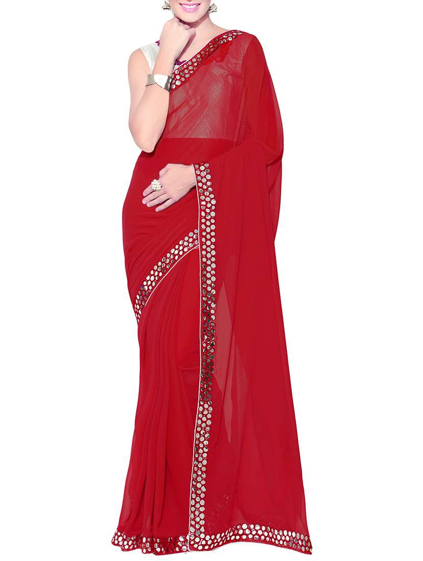 red faux georgette bordered saree