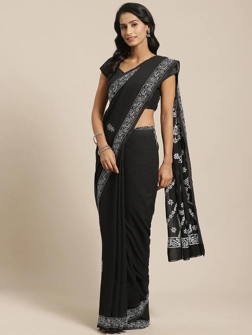 black georgette hand worked lucknowi chikankari saree with blouse - 13925110 - Standard Image - 0