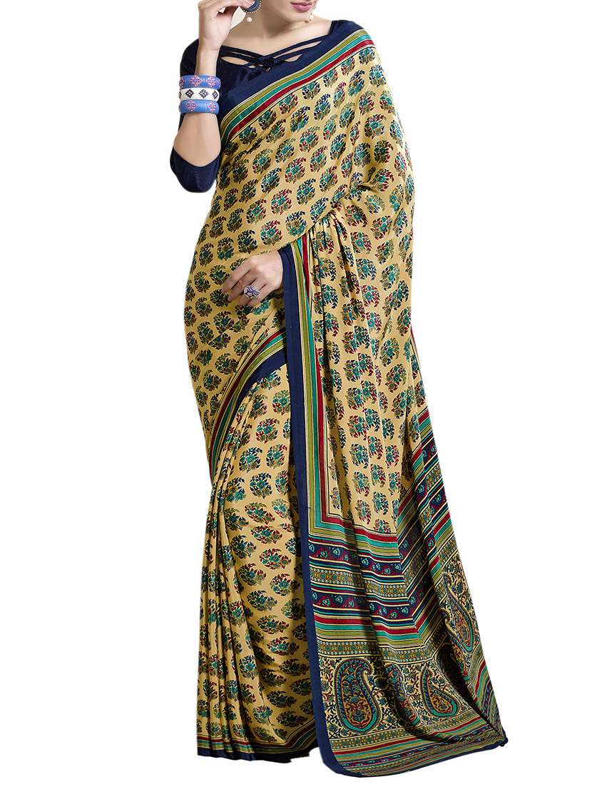 beige crepe printed saree with blouse