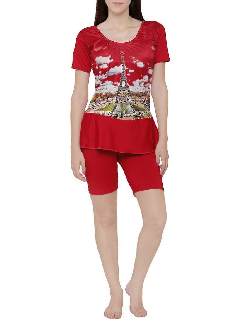 red printed functional swimsuit