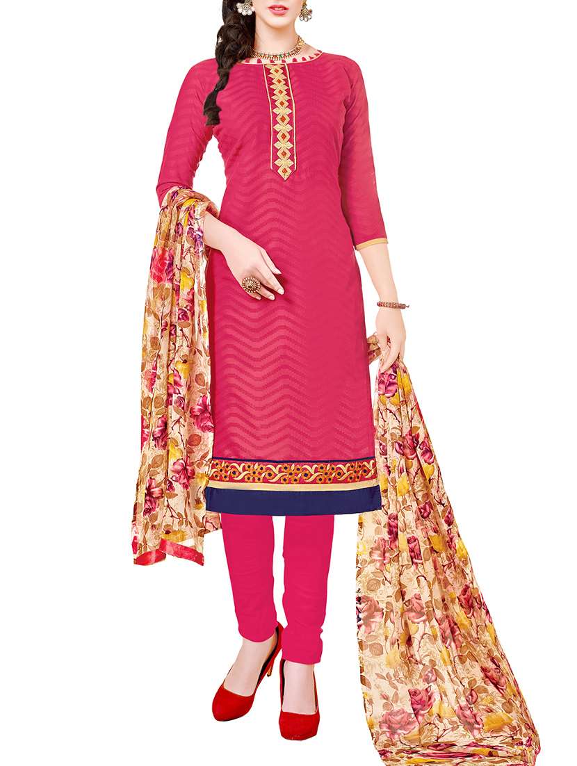 pink cotton blend churidaar suits dress material