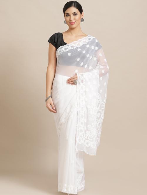 black georgette hand worked lucknowi chikankari saree with blouse - 13931305 - Standard Image - 0