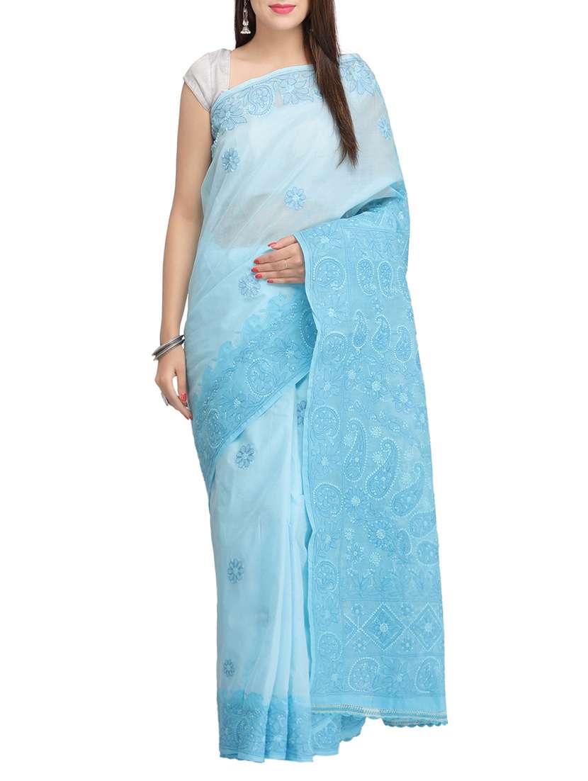 ada blue chikankari saree with blouse