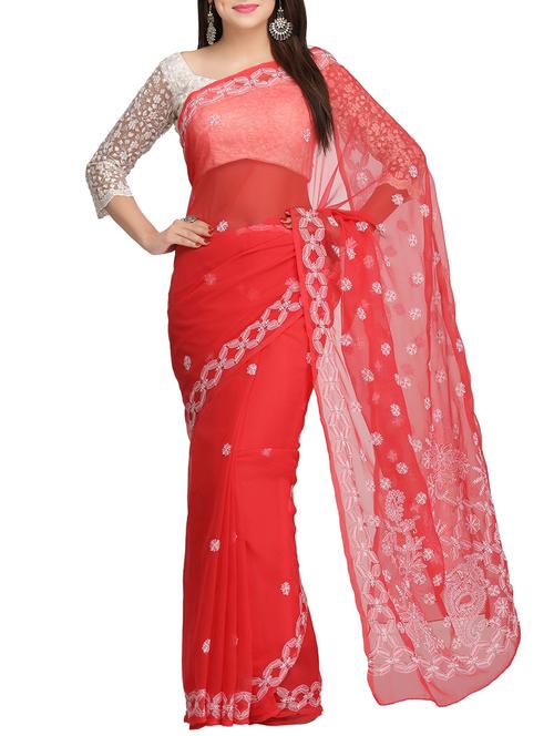 red georgette hand embroidered chikankari saree with blouse - 13931315 -  Standard Image - 0