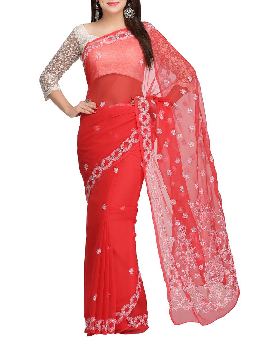 red georgette hand embroidered chikankari saree with blouse - 13931315 -  Zoom Image - 0