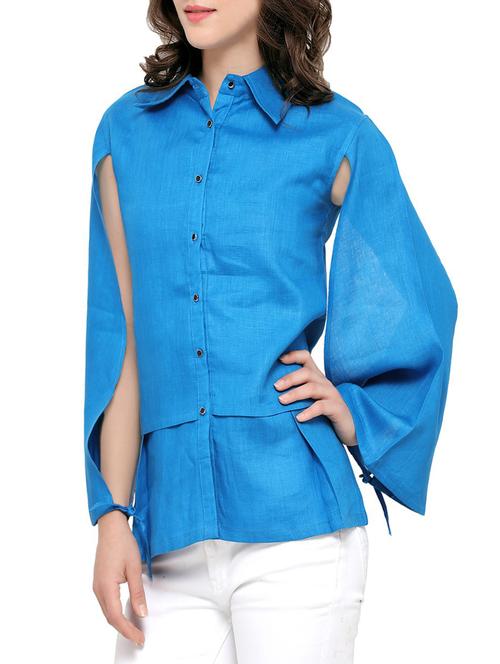 light blue linen slit sleeve shirt - 13931980 -  Standard Image - 0