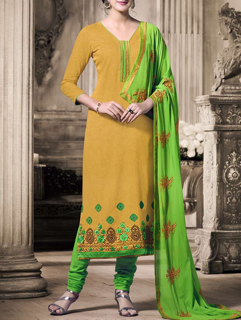 yellow cotton embroidered dress material