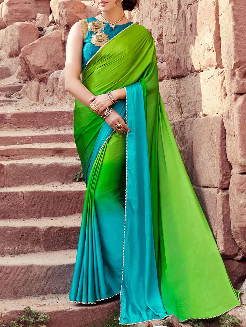 green and blue ombre satin saree