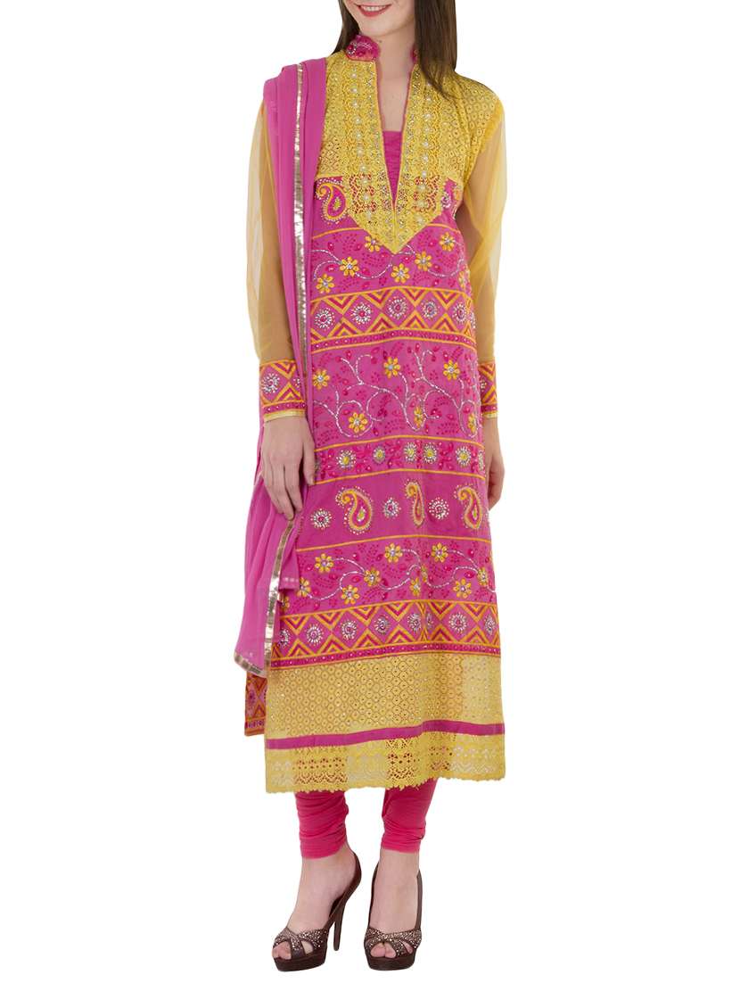 pink cotton blend embroidered semi-stitched churidaar suit