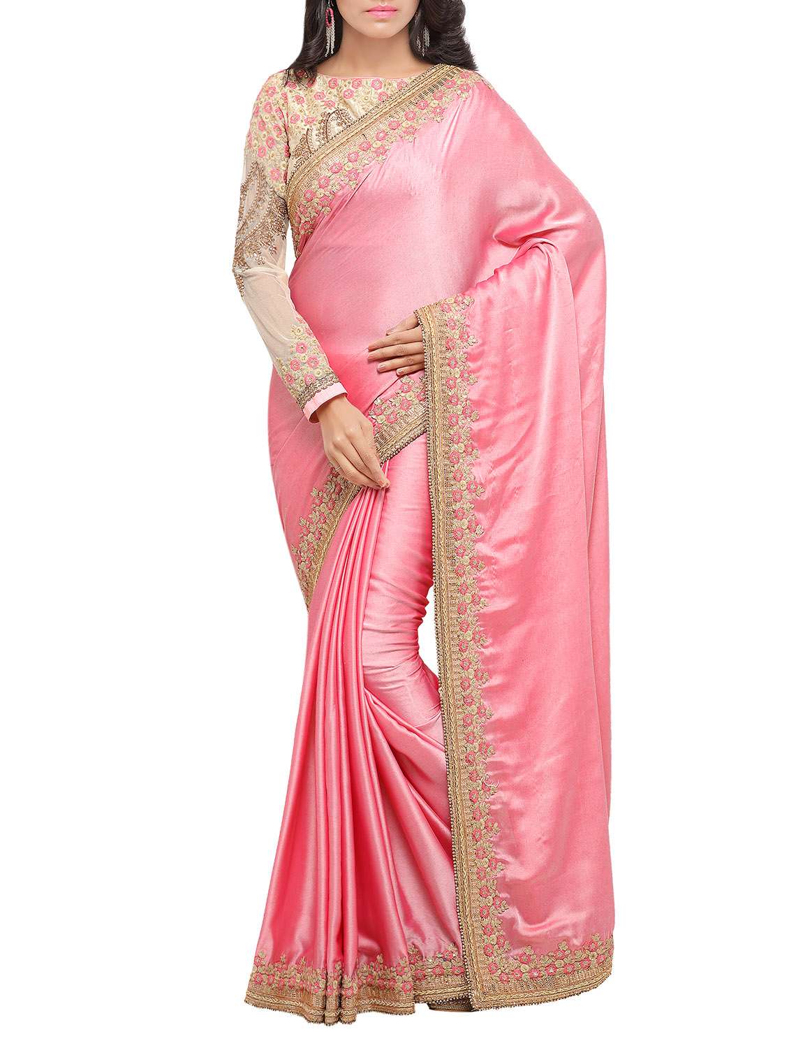 pink silk bordered saree with blouse