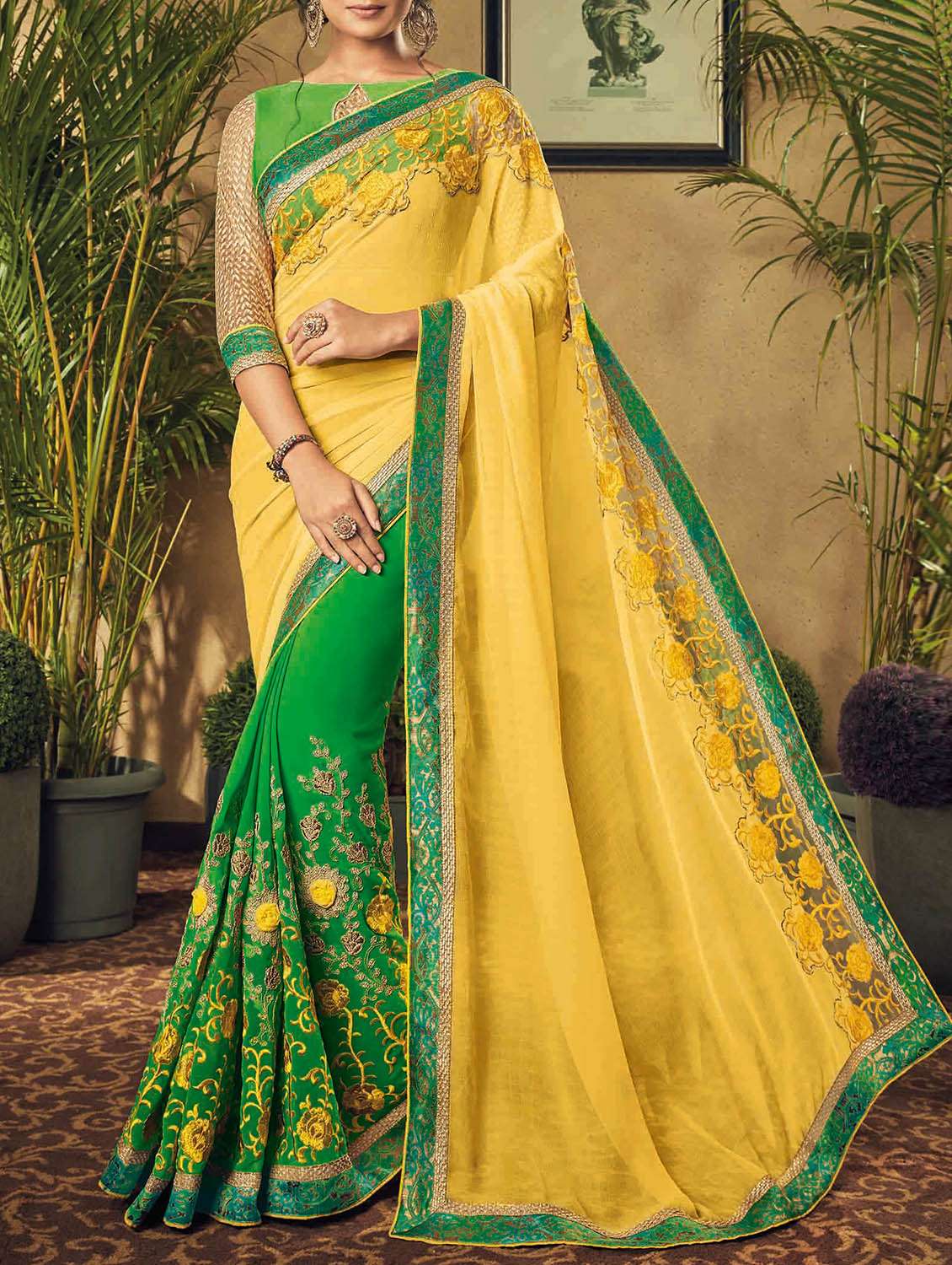 yellow & green georgette embroidered half & half saree with blouse