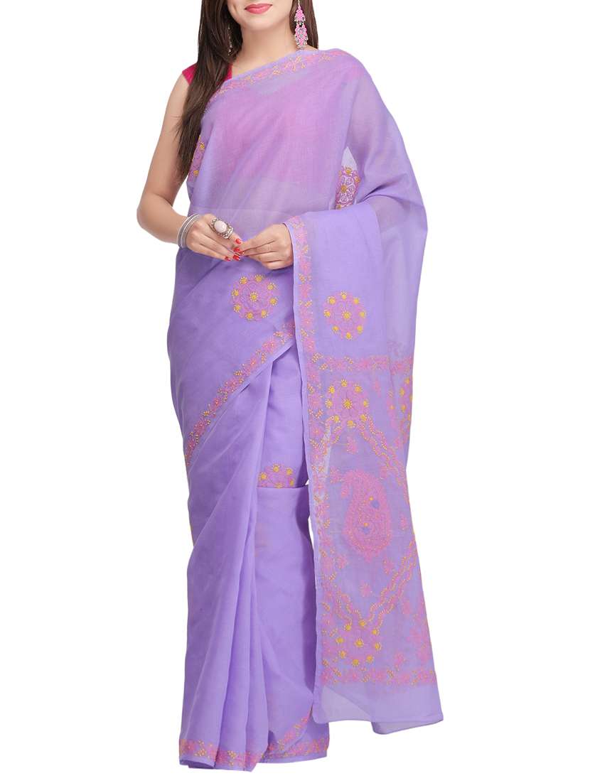 ada purple chikankari saree with blouse