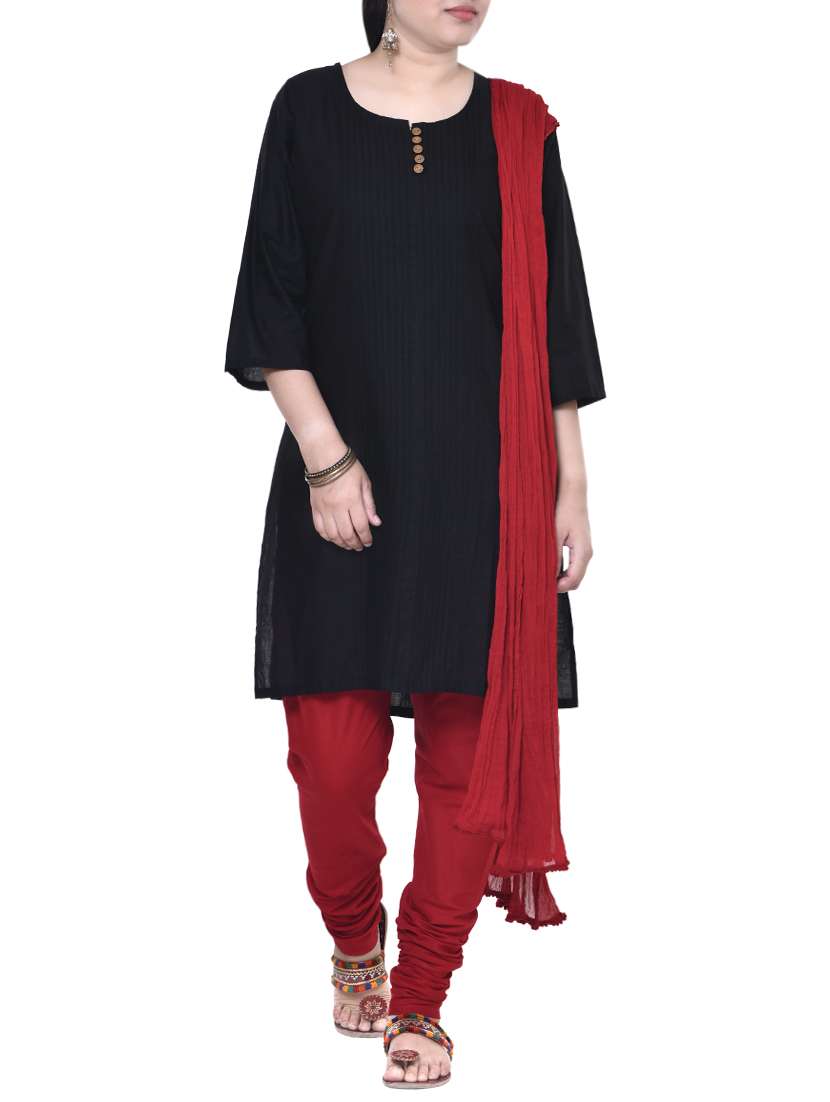 pintucks solid kurta churidaar with dupatta suit set