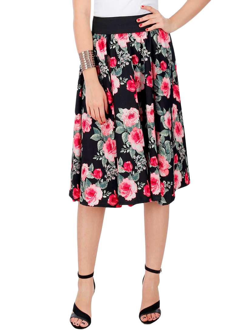black floral printed crepe flared skirt