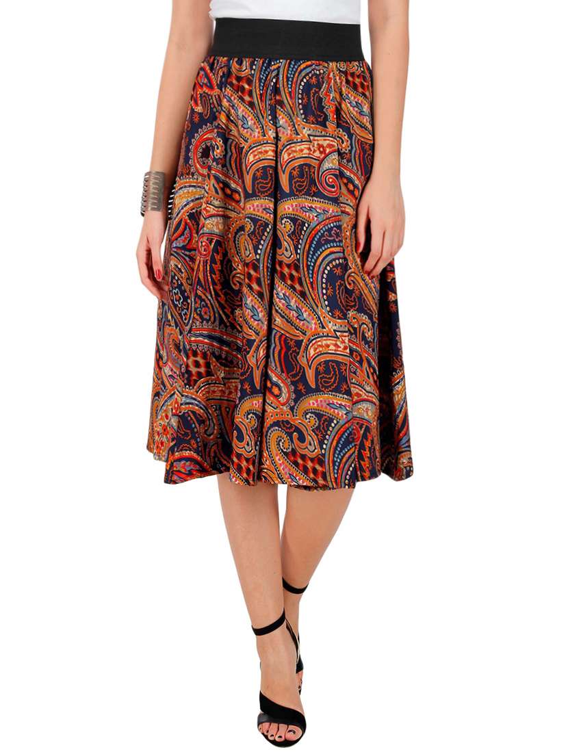 multicolored paisley printed crepe flared skirt