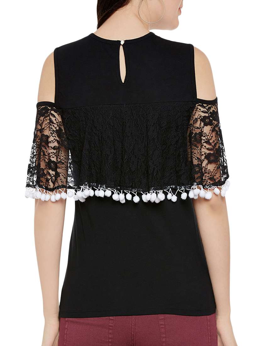 pom pom lace detail cold shoulder top  - 13950820 -  Standard Image - 2