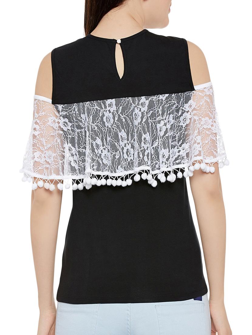 lace panel pom pom cold shoulder top - 13950821 - Standard Image - 2