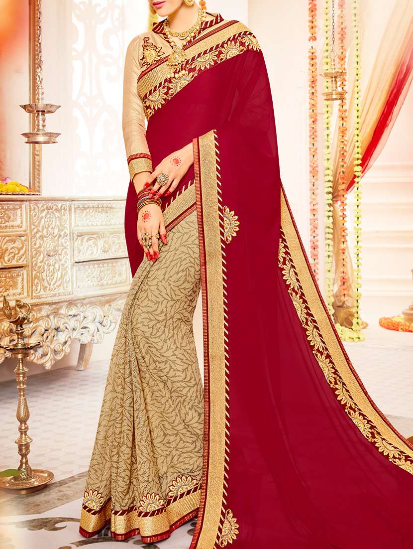 maroon & beige chiffon embroidered half & half saree with blouse