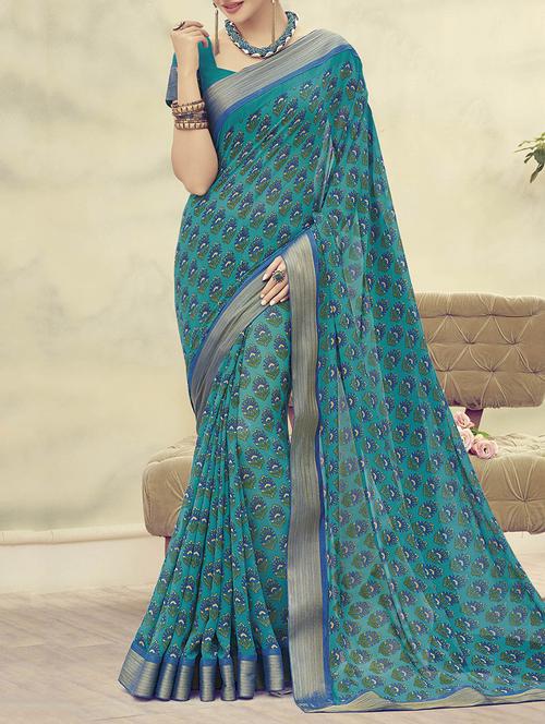 teal printed faux georgette saree with blouse - 13953345 -  Standard Image - 0
