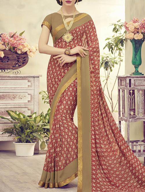 red printed georgette saree with blouse - 13953365 -  Standard Image - 0