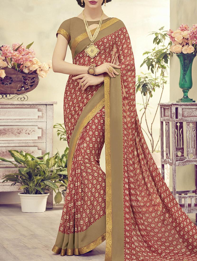 red printed georgette saree with blouse - 13953365 -  Zoom Image - 0