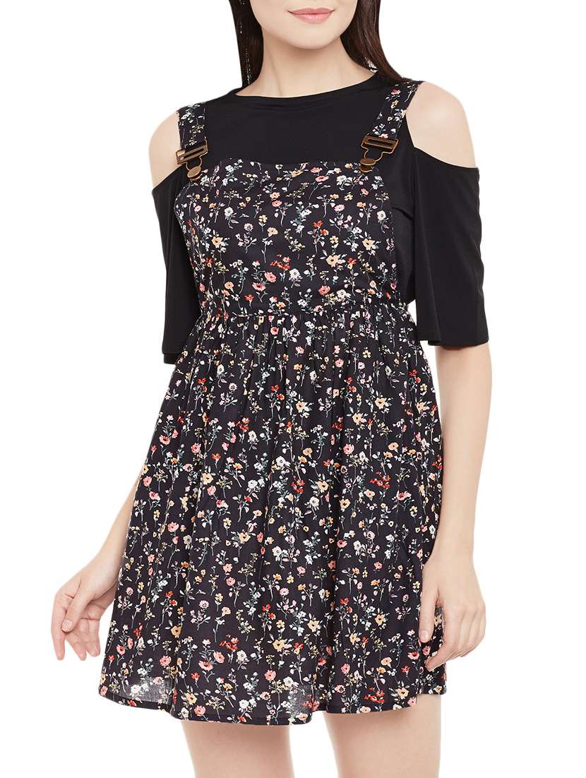 black floral rayon dungree dress