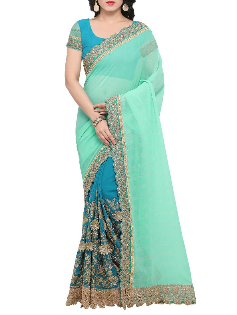 sky blue faux georgette embroidered saree with blouse