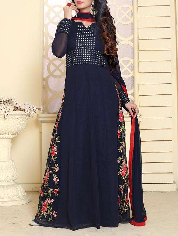 Blue georgette embroidered flared semi-stitched suit