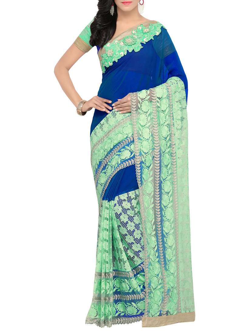 blue faux georgette embroidered saree with blouse