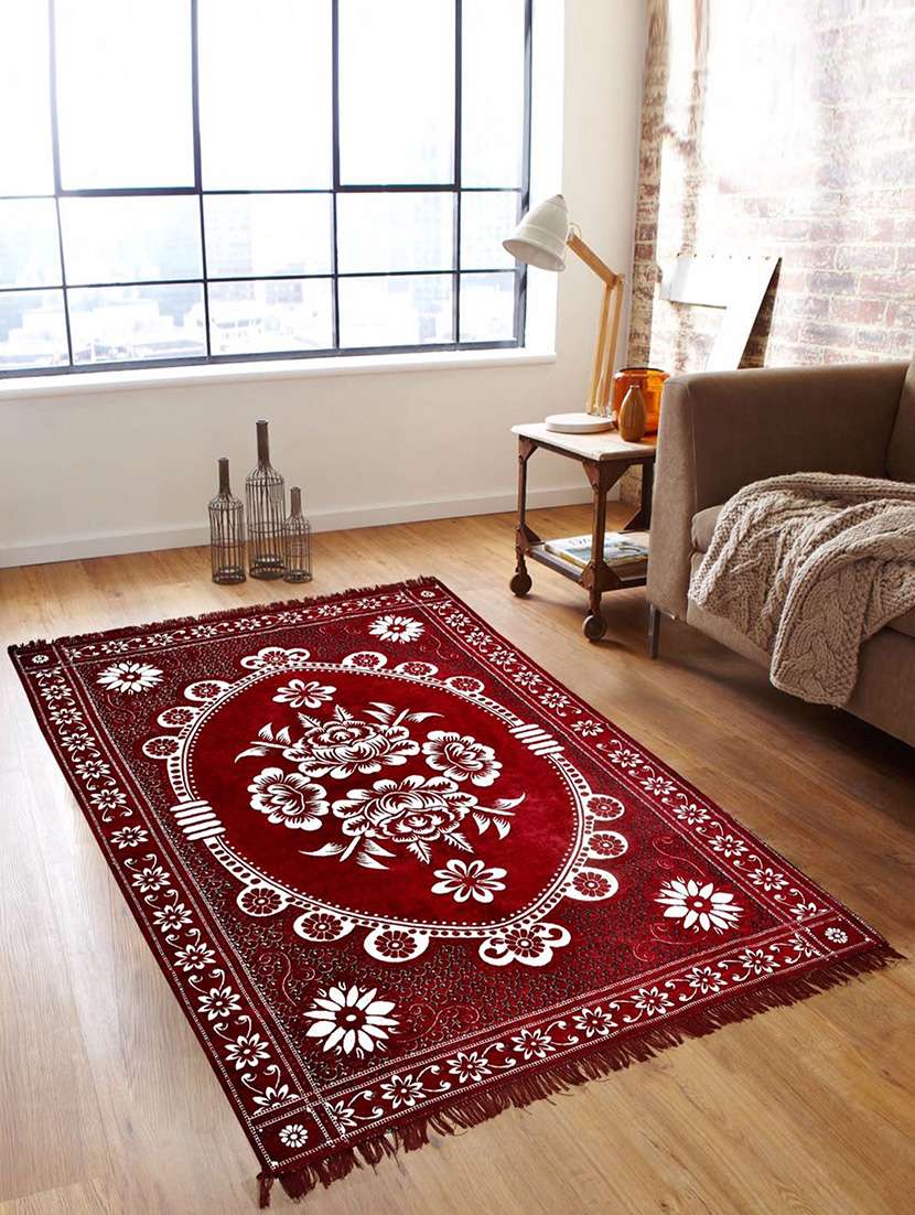 red chenille floral print carpet