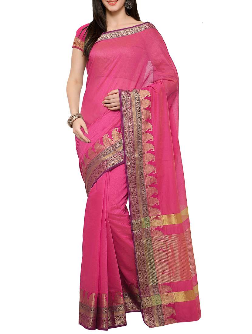 pink poly cotton bordered saree with blouse