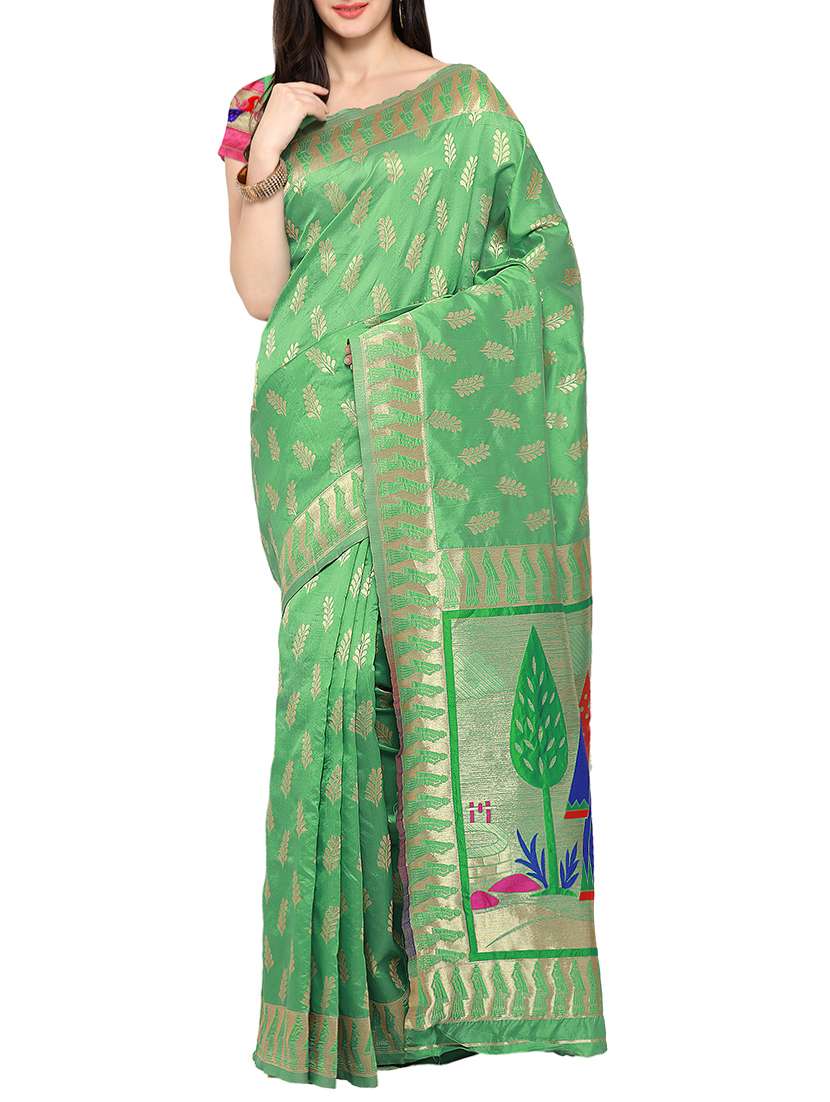 green art silk woven saree with blouse