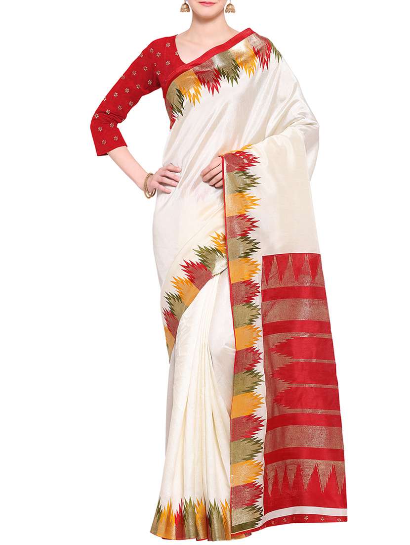 cream poly silk bordered saree with blouse