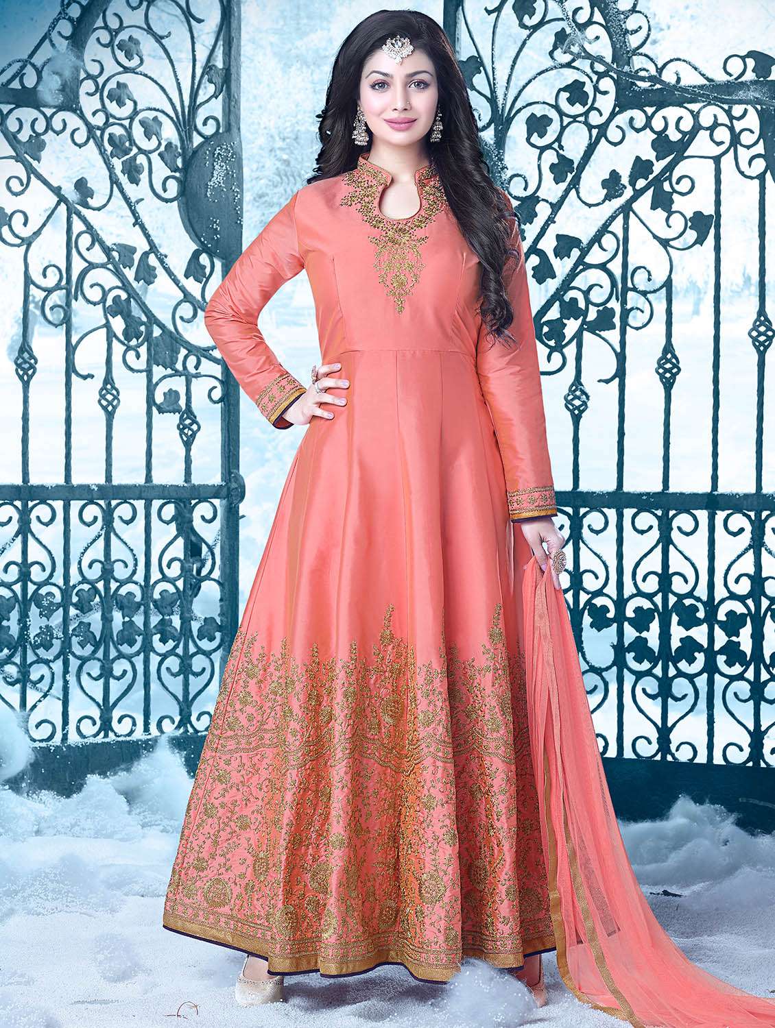 peach embroidered unstitched anarkali suit