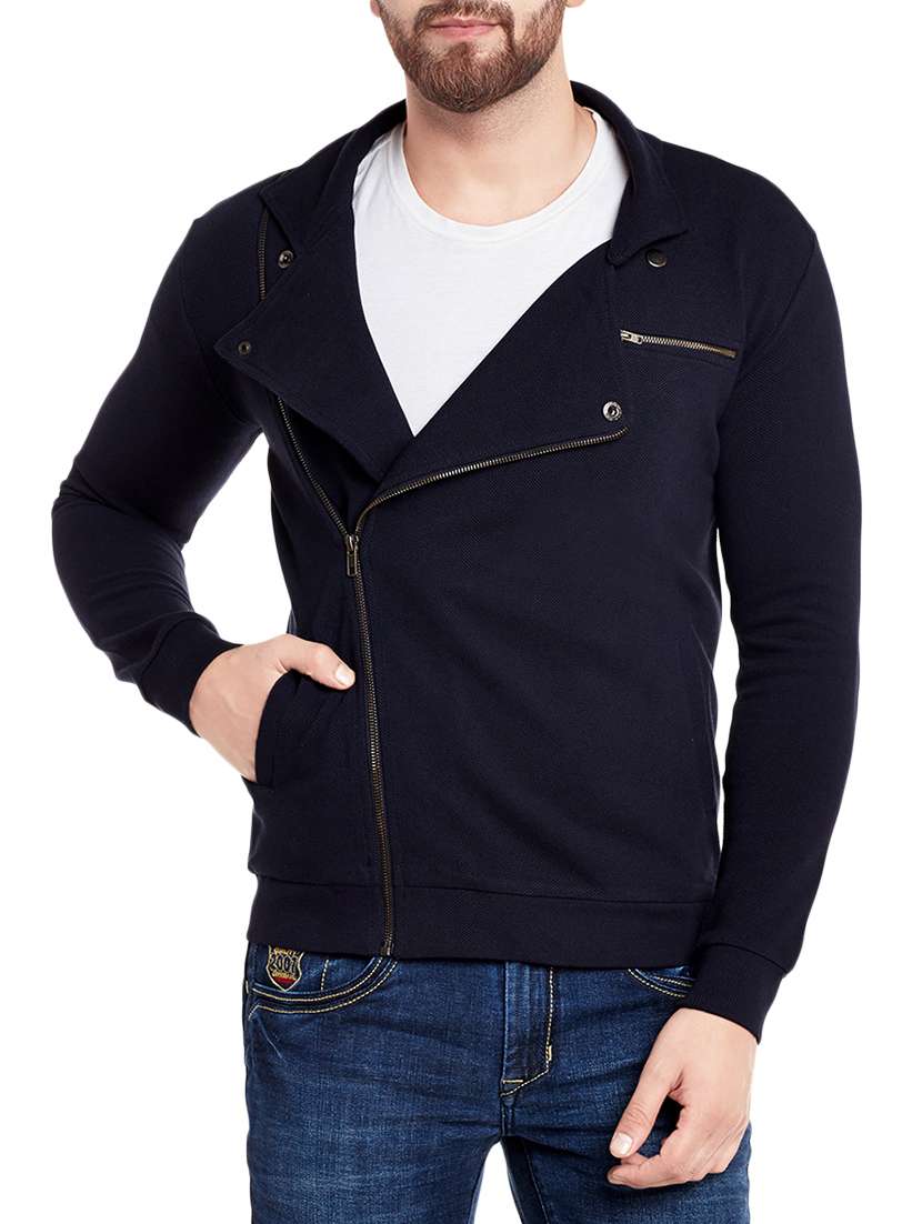 navy blue solid casual jacket