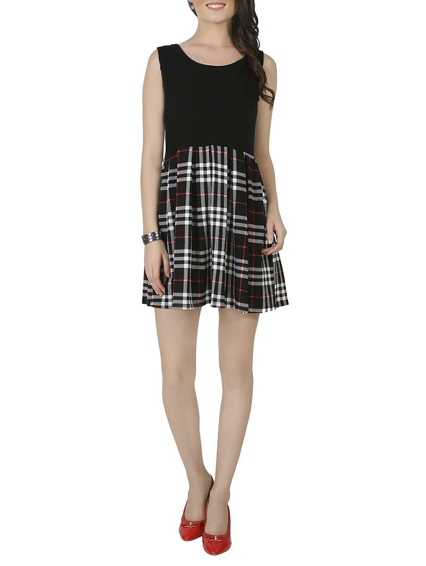 round neck checkered a-line dress