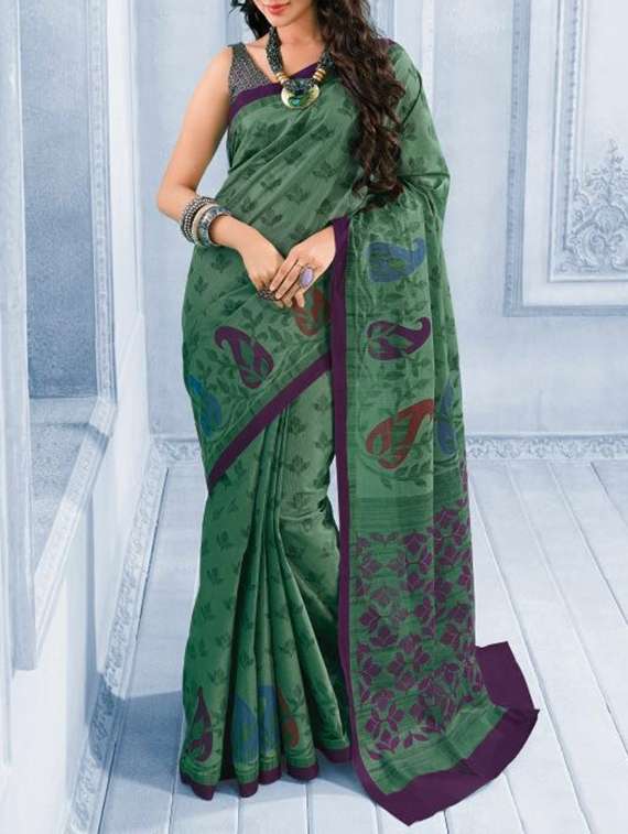 women's printed green colored saree with blouse