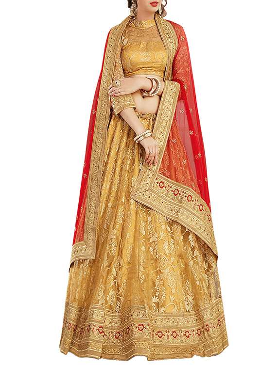 yellow net flared lehenga