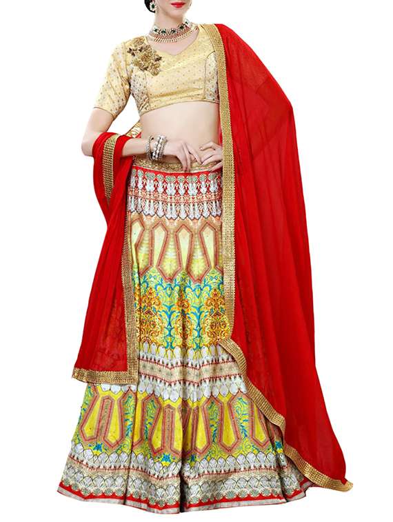multi colored net flared lehenga