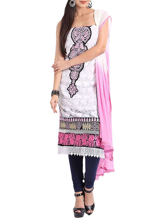 white georgette embroidered dress material - 14009866 - Zoom Image - 0