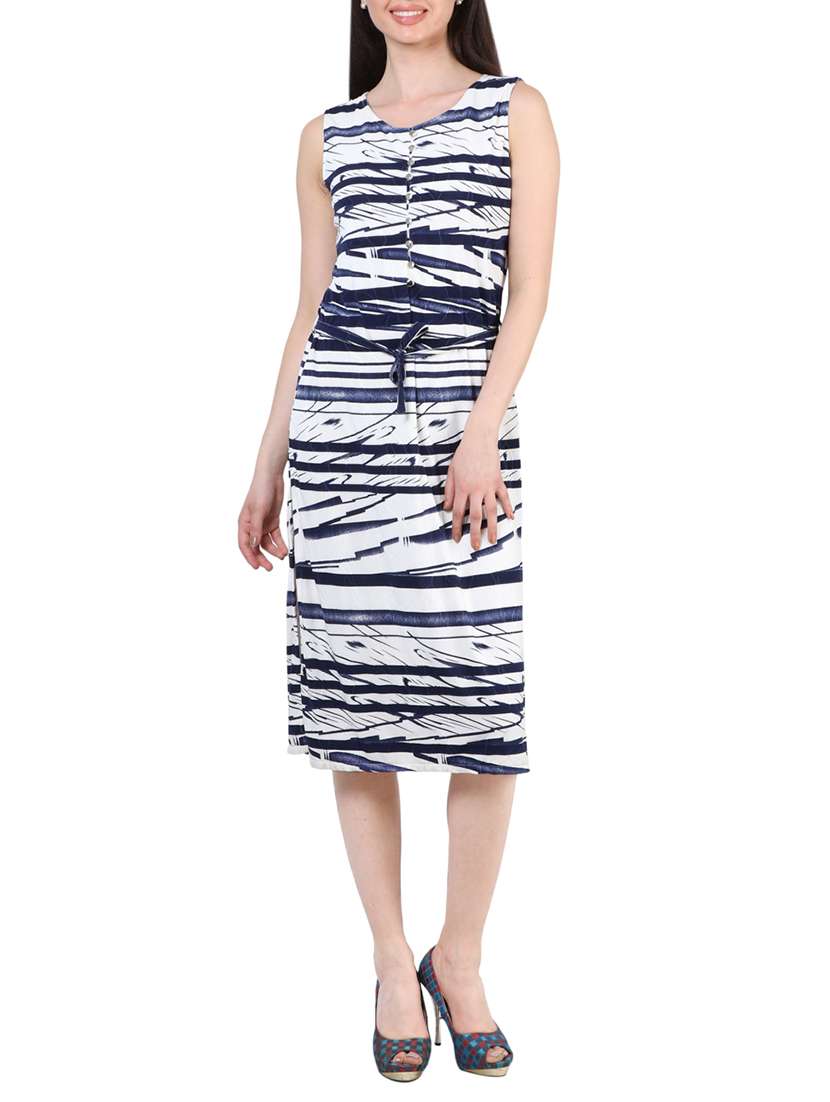 blue printed cotton belted dress