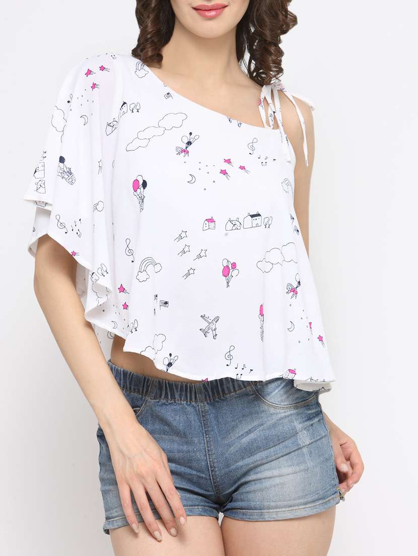 printed white single shoulder top