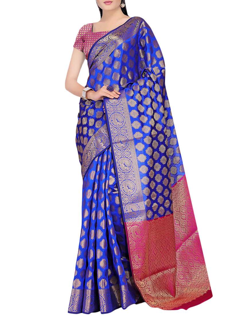blue banarasi silk blend saree with blouse