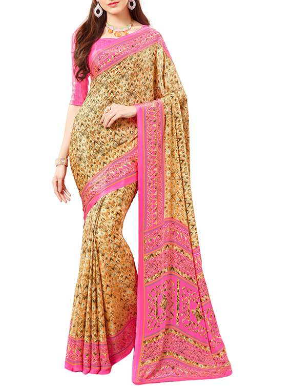 beige crepe printed saree with blouse
