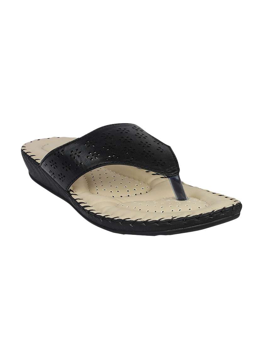 black synthetic slippers