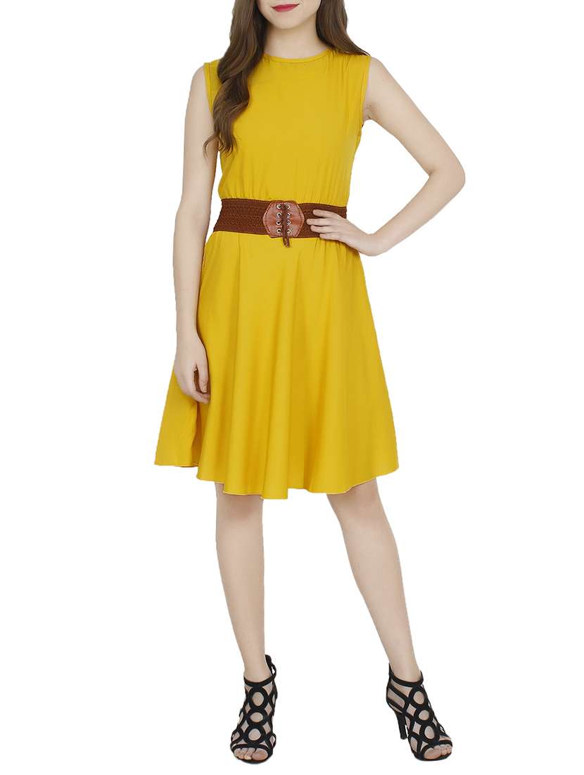 round neck belted flared dress